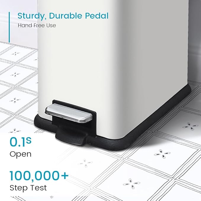 12 Gallon Slim Kitchen Trash Can, Rectangular Trash Can with Removal Inner Bucket and Soft-Close Lid, Foot Pedal, Stainless Steel Garbage Can 45 Liter, White