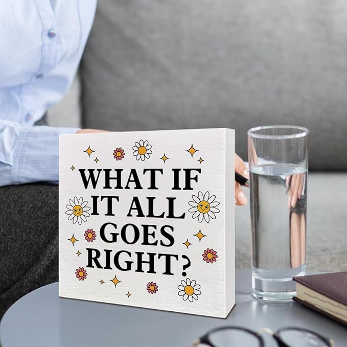 Therapy Office Desk Wooden Box Sign Decor, Mental Health Wood Box Sign Decorations for School Psychologist Therapy Office, Gifts for Therapist Psychologist School Counselor, What If All Goes Right