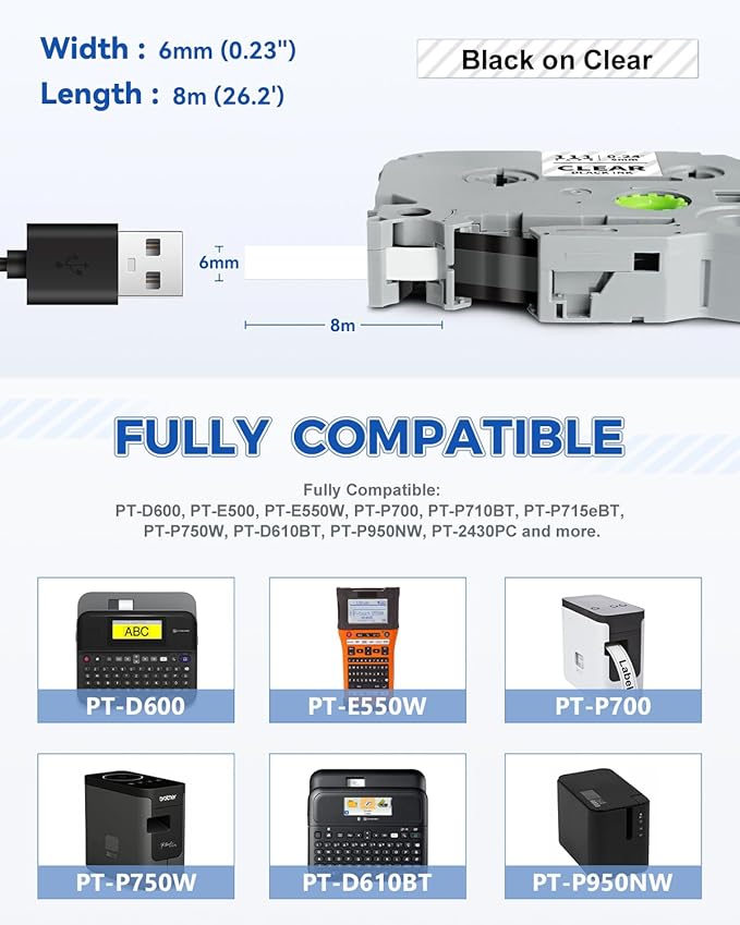 Tze111 6mm 0.23" Laminated Clear Tape Compatible for Brother 6mm Label Tape Tze-111 Tz-111 P Touch Tz Tze 6mm 1/4" Black on Clear Label for PTH110 PTD210 PT-D220 PTD400 PT-D610BT, 4-Pack