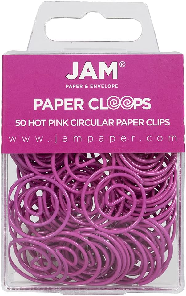 JAM PAPER Circular Paper Clips - Round Paperclips - Hot Pink Fuchsia - 50/Pack