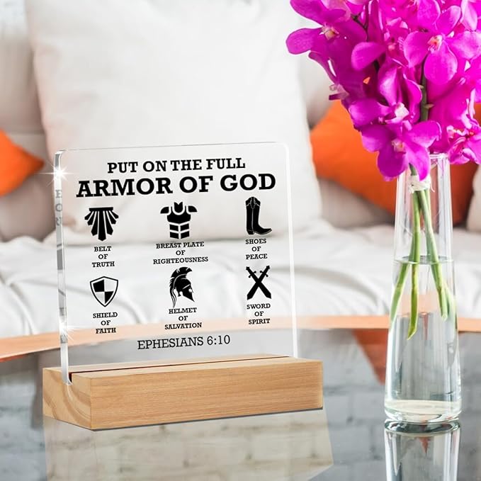 Christian Gifts for Men, Put on the Full Armor of God Bible Keepsake, Ephesians 6 10 Christian Clear Desk Decorative Sign Home Acrylic Decor