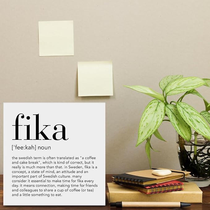 Fika Definition Decor Gift for Friends Colleagues Swedish Fika Decorations Home Office Wood Sign for Desk Table Shelf 5 x 5 Inches
