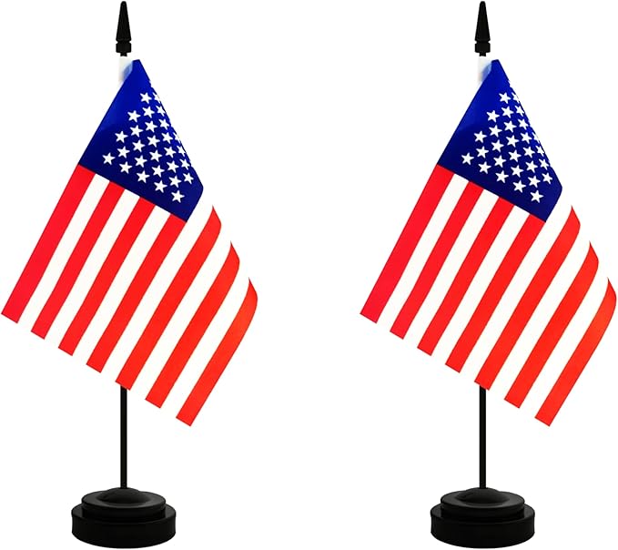 2 Pack America USA Desk Flag, American Table Office Flag with Solid Pole and Stand Base, International Country Flag, 4th of July, Classroom Meeting Desktop Decoration (USA)