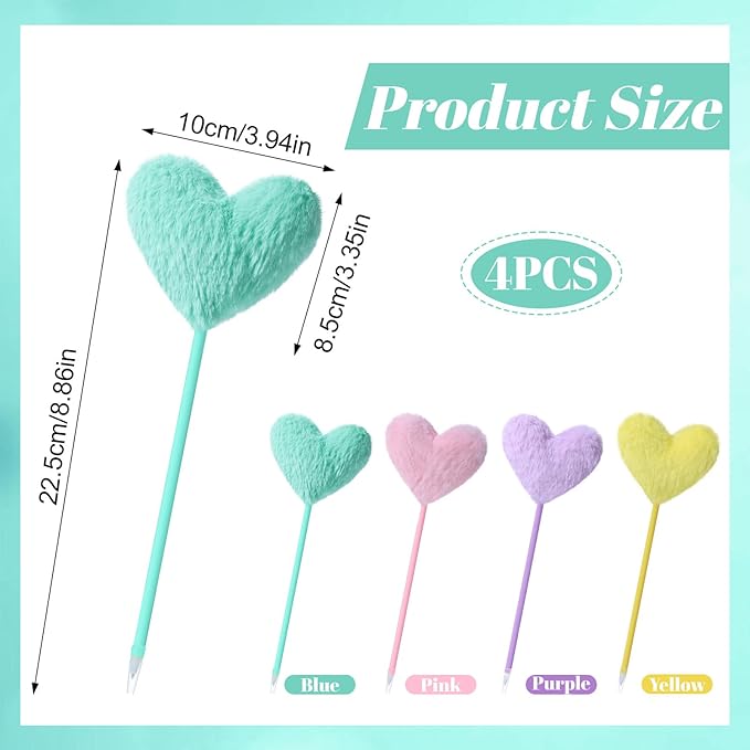 4 Pcs Pom Pom Ballpoint Pen, Cute Heart Shape Puffy Pens Fluffy Pen for Girls Women, Colorful Fluffy Ballpoint Pens for School, Office, Classroom Supplies