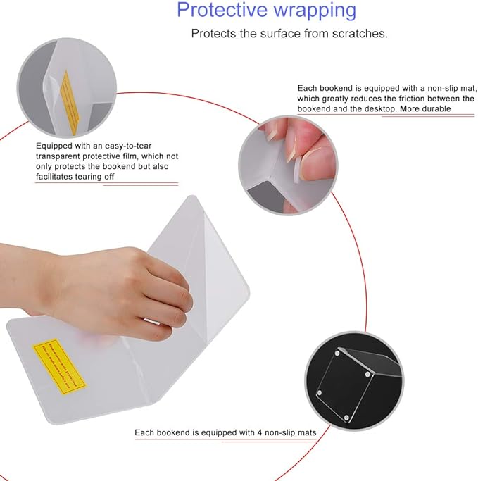 MerryNine 8 Pcs Plastic Acrylic Bookends, Clear Acrylic Non Skid Book Ends Organizer Bookshelf Decor Decorative Bedroom Library Office School Supplies Stationery Gift (7.08"x4.72"_4 Pairs)