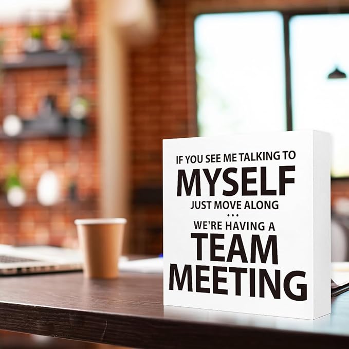 HR Approved Wooden Block Sign "If You See Me Talking to myself..." 5x5x1 INCH, Work From Home Humor Decor with Funny Message, Vintage Style Office Plaque for Desk or Wall