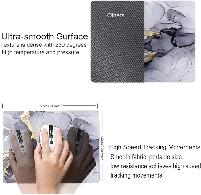 Hokafenle Gray Gold Black Marble Mouse Pad, Gaming Mouse Mat with Custom Design, Non-Slip Rubber Base Mousepad, Waterproof Office Mouse Pads, Desktop White Ink Marble 9.5 x 7.9 Inch
