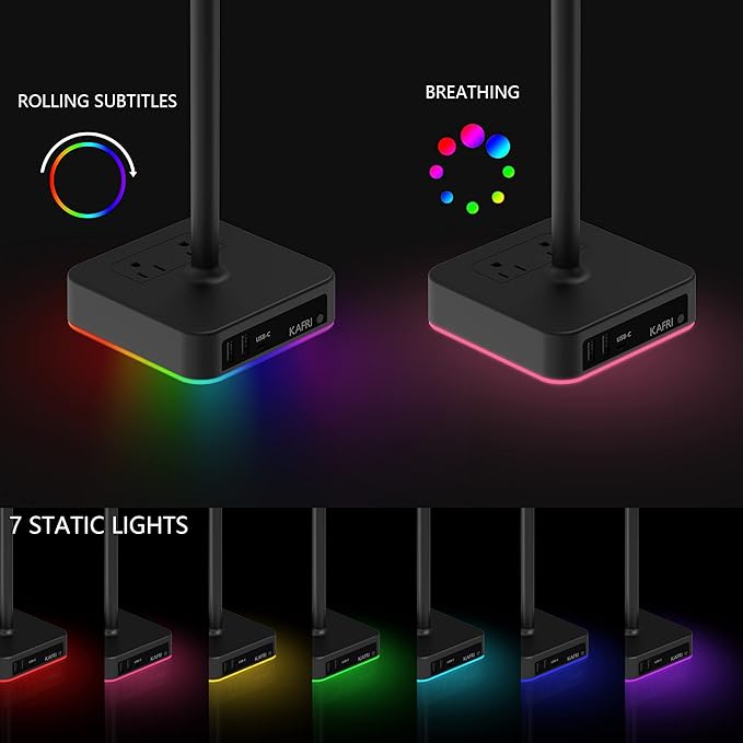 KAFRI RGB Dual Headphone Stand with USB C Charger Desk Gaming Double Headset Holder Hanger Rack with 3 USB Charging Port and 2 Outlet - Suitable for Gamer Desktop Table Game Earphone Accessories Gift