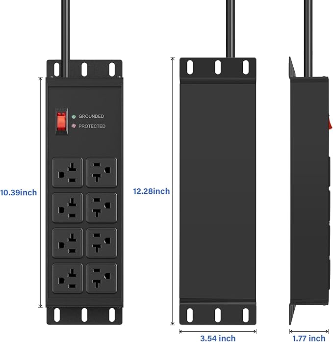 CCCEI 2PCS Heavy Duty Power Strip Surge Protector 20 AMP, 8 Outlets 12 Gauge Shop Garage Metal Multiple Outlets, 4 FT Extension Cord 5-15P Adapter High Amp 6-20R T-Slot 20a for Appliance Black.