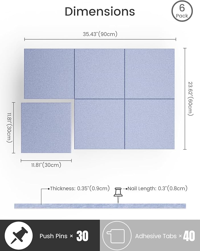 Bumusty Large Cork Board 36"x24" Alternative - 6 Pack Felt Wall Tiles with 40 Safe Removable Adhesive Tabs, 30 Pushpins, Cork Boards for Walls Pin Board Bulletin Board Office Decor (Soft Periwinkle)