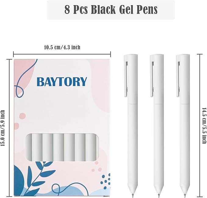 BAYTORY 8Pcs Rotatable Gel Pens, 0.5mm Fine Point Black Ink Pen, Smooth Writing Quick Dry Gel Ink Pens for Journaling Note Taking Sketching (White)