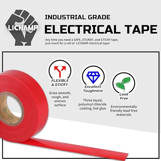 Lichamp 10-Pack Red Electrical Tape Waterproof, 3/4 in x 66ft, Industrial Grade UL/CSA Listed High Temp Electrical Tape Electric Super Vinyl