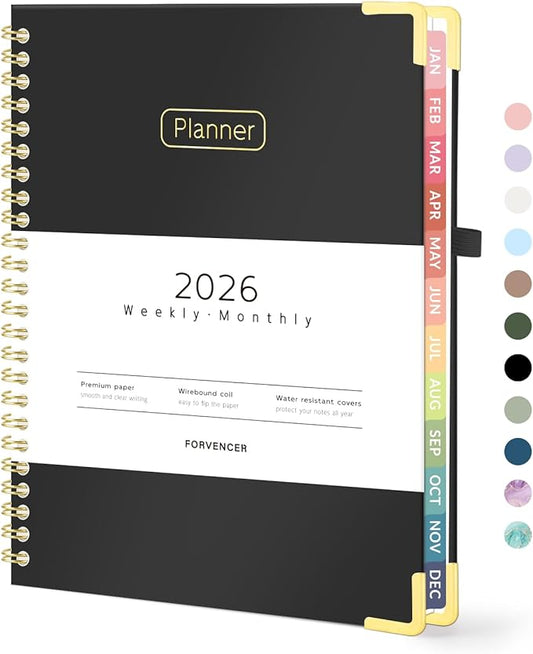 Forvencer 2026 Planner, Hardcover Calendar Planner Weekly and Monthly, January 2026 - December 2026, 6" x 8", Spiral Agenda Book with Tabs, Exquisite Daily Journal with Inner Pocket, Organizer Notebook for Office Home School, A5 Size, Black