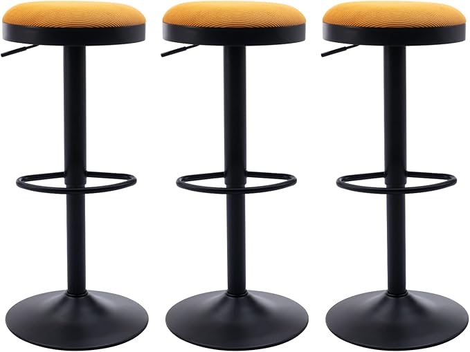 Round Swivel Counter Height Bar Stools Set of 3 Modern Adjustable Barstools Backless Corduroy Bar Chairs Industrial Island Chairs with Metal Base/Footrest for Kitchen Island/Pub/Bar, Yellow