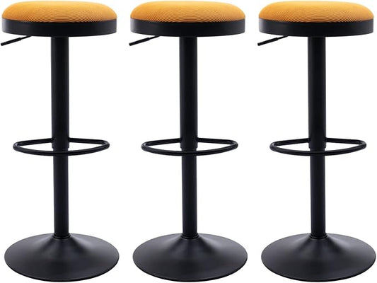 Round Swivel Counter Height Bar Stools Set of 3 Modern Adjustable Barstools Backless Corduroy Bar Chairs Industrial Island Chairs with Metal Base/Footrest for Kitchen Island/Pub/Bar, Yellow