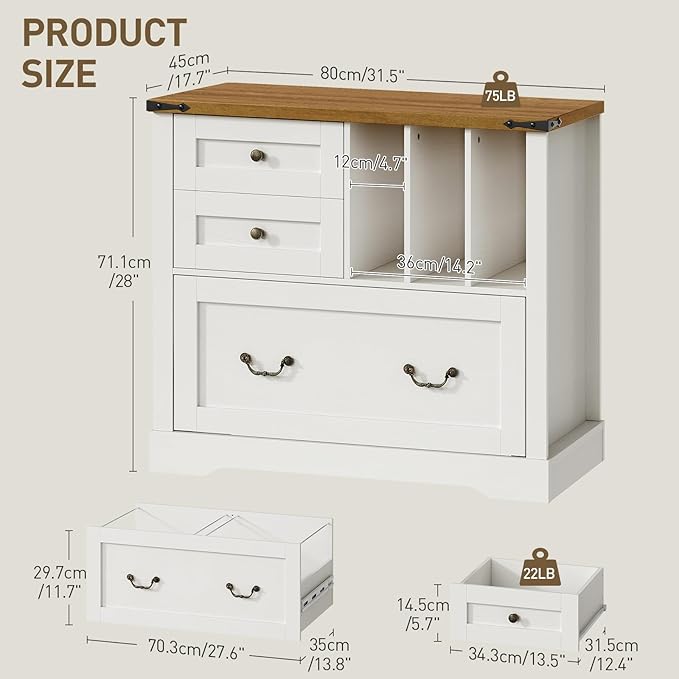 Farmhouse File Cabinet for Home Office, Lateral Filing Cabinet with 3 Drawers & Folder Organizer, Office Storage Cabinet for A4 Letter Files, Printer Stand with Storage Cabinet, White & Walnut