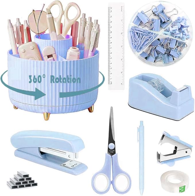Desk Organizers and Accessories Set with 360-Degree Rotating Pen Holder, Tape Dispenser, Stapler, Staple Remover, 1000 Staples, Tape, Clips Set, Ruler, Scissor, Pen