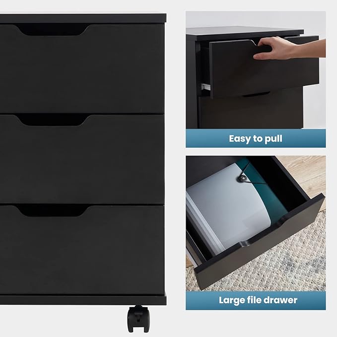 Farini Mobile File Cabinet for Home Office, 3 Drawer Chest Wood, Drawers Unit for Under Desk, Storage Drawers Cabinet Black