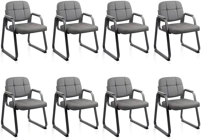 CLATINA Waiting Room Guest Chair with Bonded Leather Padded Arm Rest for Office Reception and Conference Desk Black with Sled Base Grey 8 Pack