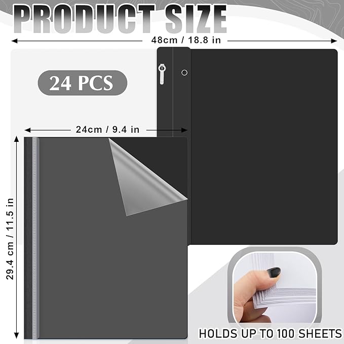 Teling 24 Pcs Clear Front Report Covers with 3 Prongs Presentation Folders Plastic Resume Portfolio Report Letter Size Presentation Binder for Paper Document School Office(Black)