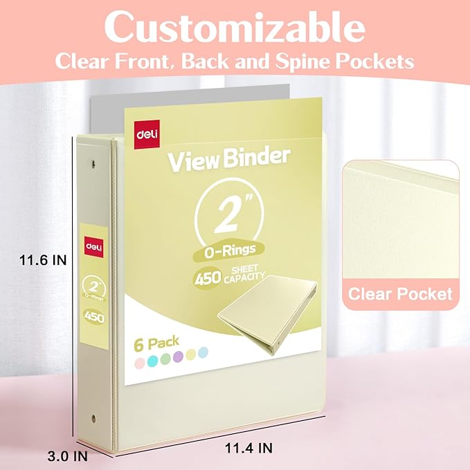 Deli 2-inch 3 Ring Binder with 2 Interior Pockets, 450 Sheets Capacity, 2 inch Binders fits 11" x 8.5" US Letter Size, Assorted 6 Pastel Colors, 6 Pack