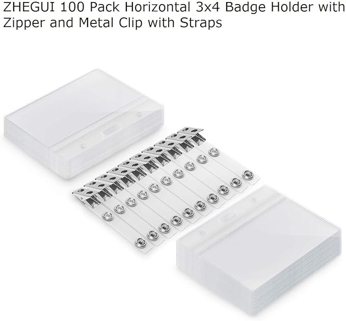 Clear Plastic Horizontal Name Tag Holder and Metal Badge Clip with Vinyl Straps Waterproof PVC ID Card Holders (100 Pack, Horizontal Large 3x4)