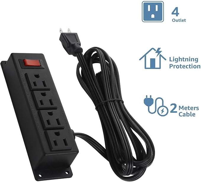 Wall Mount Power Outlet Strip, 4 Outlet Mountable Power Strip with Switch, Under Desk Power Strip Connect with 6ft Cord Mount Under Desk, Workbench, Nightstand, Dresser, Table.(Black)