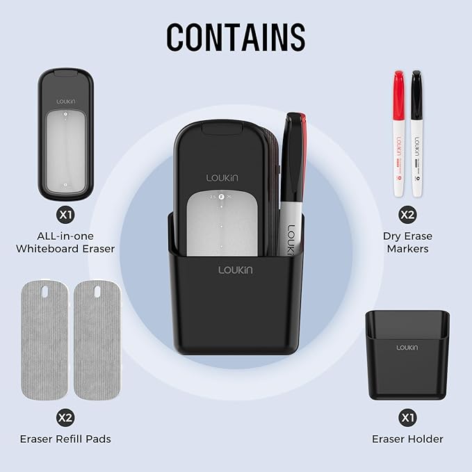 loukin Inventive All-in-One Dry Erase Eraser, Novel Replaceable Whiteboard Eraser with Built-in Cleaner, Unique Glass Board Erasers, Includes 2 Refill Pads, 1 Magnetic Holder, 2 Markers