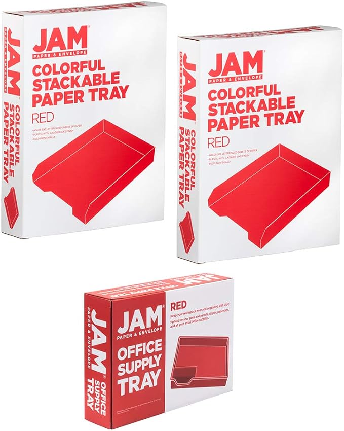 JAM PAPER Stackable Desktop Trays - Red - Office Desk Supply & Paper Organizer Set - 1 Top Tray & 2 Letter Trays/Pack