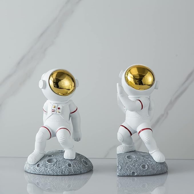 Space Theme Bookends for Shelves, Astronaut Moon Book Ends for Kids Room, Decorative Planet Book Stoppers to Hold Books Heavy Duty, Unique Boys and Girls Gift (Gray)