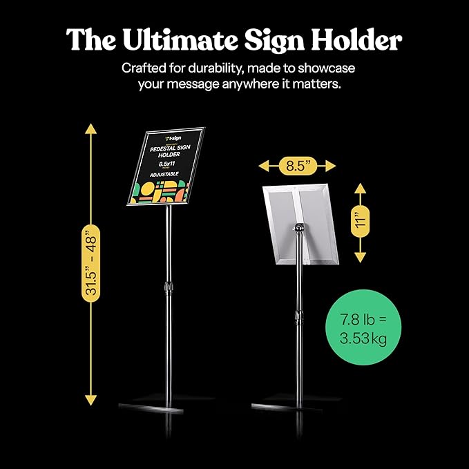 Adjustable Heavy Duty Pedestal Sign Holder - 8.5x11 Inch Vertical & Horizontal Poster Stand with Heavy Square Base for Display, Advertisement & Outdoor Signs