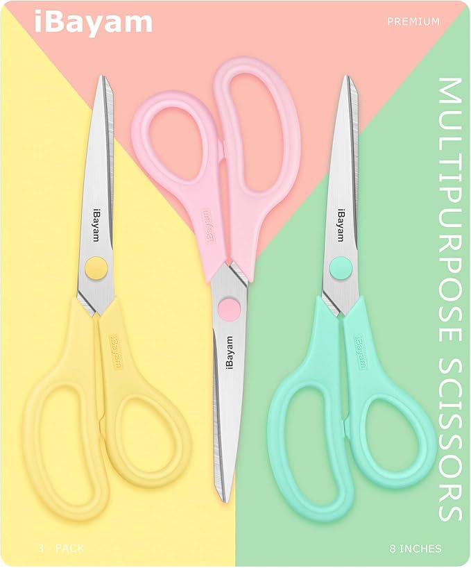 Scissors, iBayam 8" All Purpose Scissors Bulk 3-Pack, Ultra Sharp 2.5mm Thick Blade Shears Comfort-Grip for Office Desk Accessories Sewing Fabric Home Craft School Supplies, Right/Left Handed