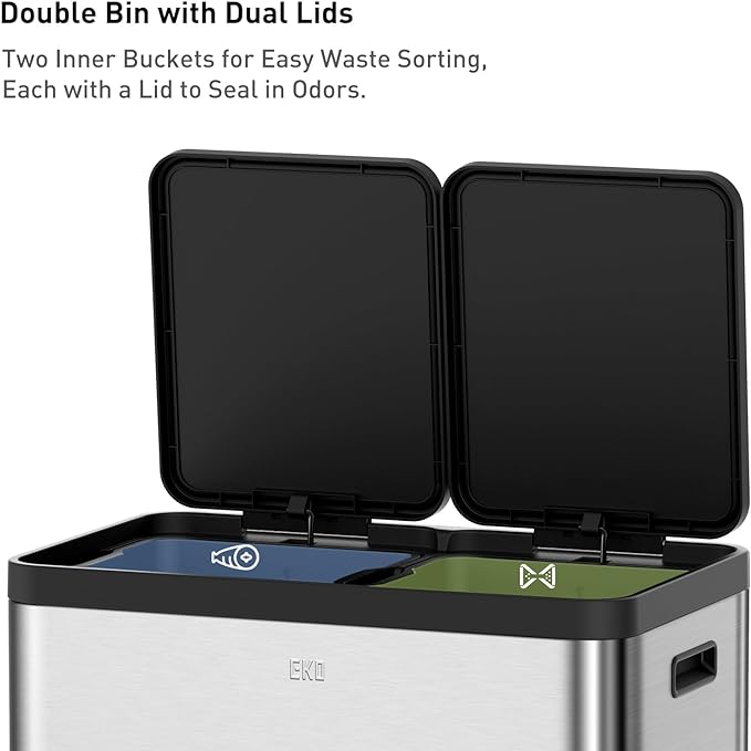 EKO Essential 8+8 Gallon Dual Trash Can, Kitchen Step Recycle Trash Can with Dual Removable Bucket, Independent Lids and Pedals, Brushed Stainless Steel