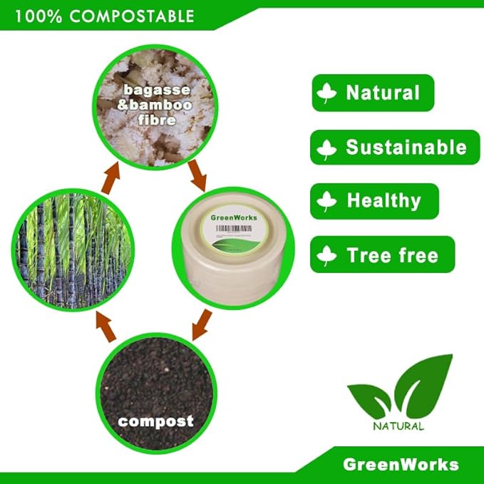 GreenWorks 100 Count 9“ Heavy-duty Compostable Plates, Unbleached Biodegradable Bagasse and Bamboo fiber Paper Plates