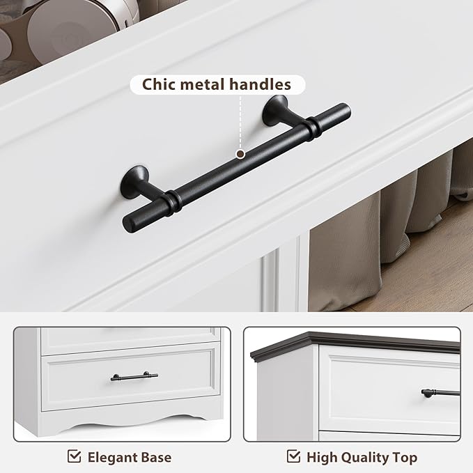 White Farmhouse Dresser for Bedroom, 36" Tall 4 Drawer Chest with Sleek Brushed Metal Handles, Modern Wood Storage Cabinet with Unique Base Design, Closet Organizer for Bedroom, Living Room, Hallway