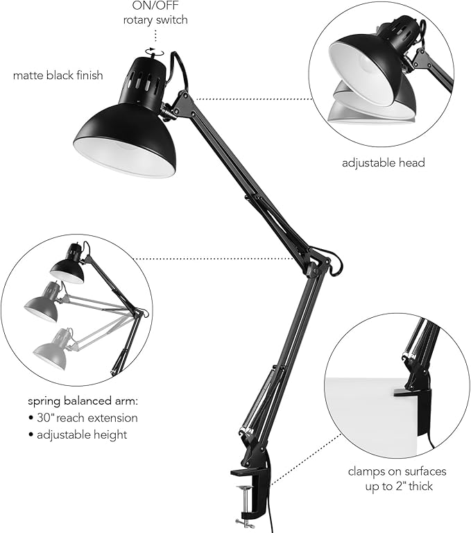 Globe Electric 56963 31.5" Multi-Joint Desk Lamp with Metal Clamp, Black, On/Off Rotary Switch on Shade, Partially Adjustable Swing Arm, Home Essentials, Reading Light, Office Décor