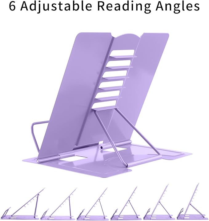MSDADA Book Stand Metal Reading Rest Book Holder Adjustable Cookbook Documents Holder Portable Sturdy Bookstands for Recipes Textbooks with Page Clips Birthday Gifts for Girls Mom Students(Purple)