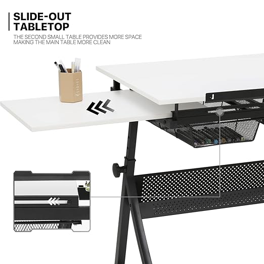 MoNiBloom Art Deco Drafting Table, Height-Adjustable, Tiltable Tabletop, Stool for Reading Writing Painting, Homeschooling Desk for Children with 2 Storage Drawers