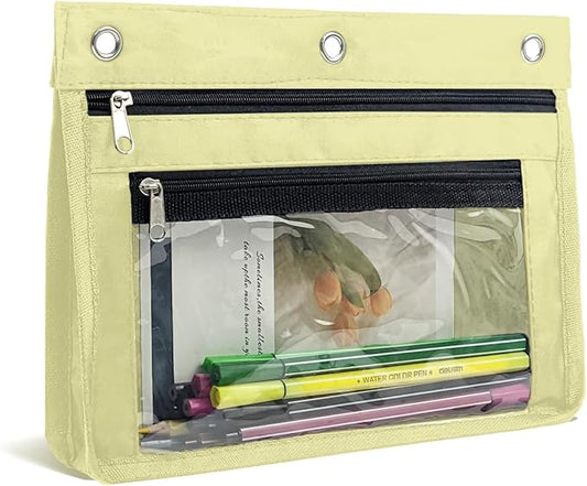 YoeeJob 1 Pack Pencil Pouch for 3 Ring Binder, Expandable Binder Pouches with Zipper, Large Capacity Pen Holder Case with Clear Window School Class Office Organizers, Beige