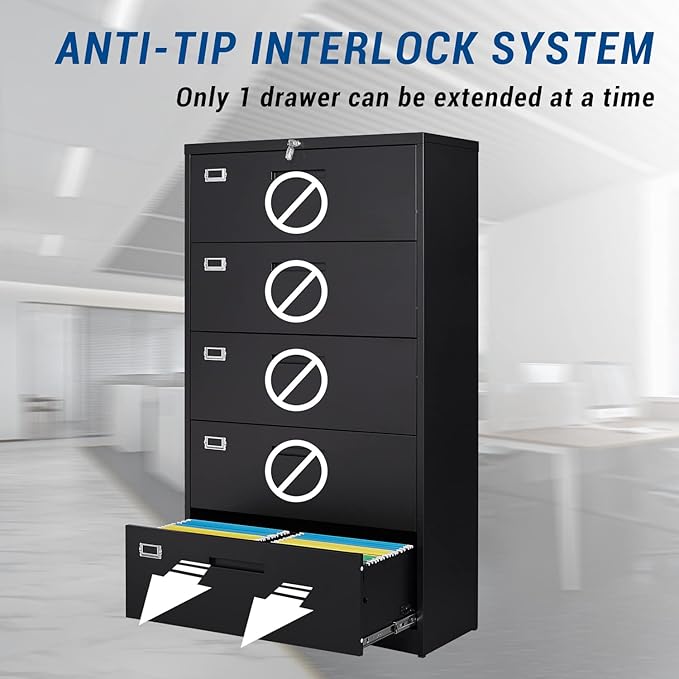 Lateral File Cabinet with 5 Drawers - Metal Steel Filling Cabinets for Home Office - Lockable Storage Cabinet for Hanging Files Letter/Legal/F4/A4 Size-Assembly Required