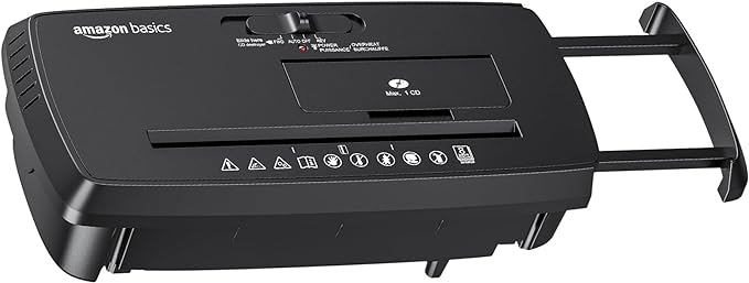 Amazon Basics 8-Sheet Strip Cut Paper, CD, and Credit Card Shredder with Auto-Off Compact, Portable Design, No Basket, Extendable Arm, Black