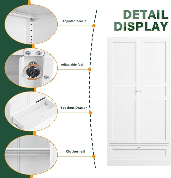 Letaya Wardrobe Closet,72" H Clothing Metal Storage Cabinet with Storage Drawer Adjustable Shelves and Hanging Rod,Bedroom Armoire Cabinet Clothes Organizer (White)