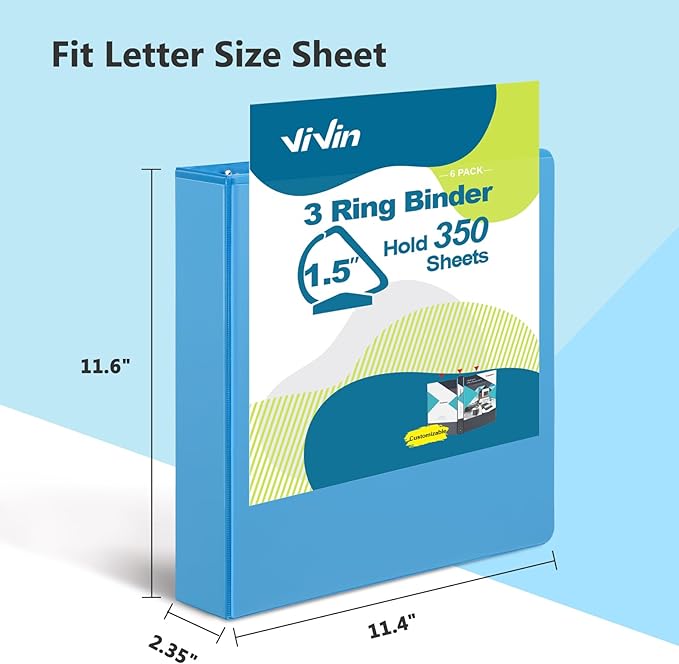 ViVin Sturdy 1.5 Inch 3 Ring Binder with Pockets, Slant-D Ring, PVC-Free, Customizable Clear View Binder,Holds 350 Sheets of 8.5" x 11" Paper, 6 Pack (Light Blue)