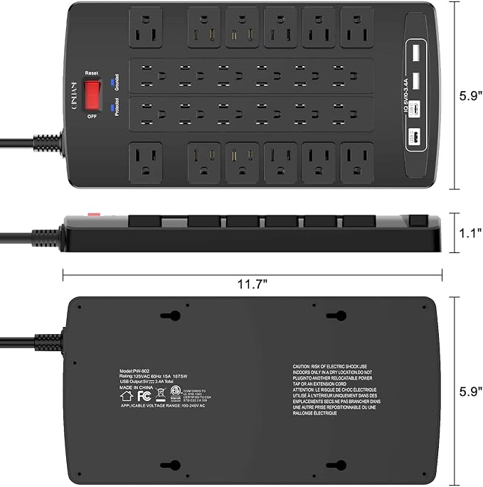 QINLIANF Surge Protector Power Strip - 20Ft Flat Plug Heavy Duty Extension Cord with 24 Outlets and 4 USB Ports(1 USB-C Ports), 1875W/15A, 4100J, for Home, Office, Dorm, ETL Listed, Black