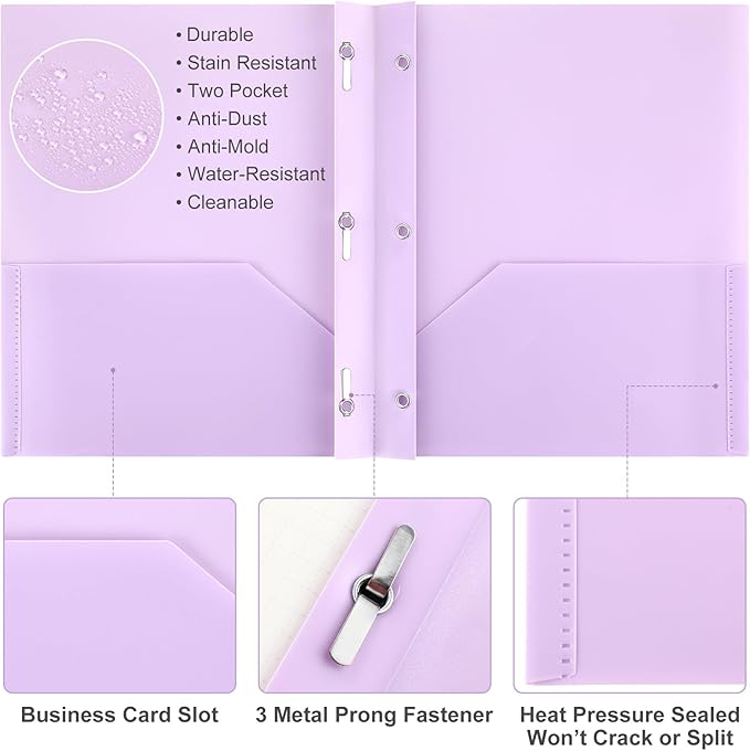 Patelai 48 Pcs Plastic Folders with 2 Pockets and 3 Prongs Home Folders with Card Slot Letter Size Heavy Duty Report Covers for Back to School(Purple,Classic)
