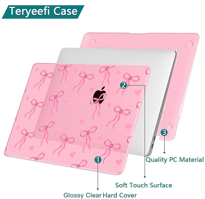 Teryeefi Case for MacBook Pro 13 inch A2338 M2 M1 Chip A2251 A2289 A2159 A1989 A1706 (2025 2024 2023 2022-2016), Clear Pink Hard Shell with Keyboard Cover Trackpad Film Type C Adapter, Pink Bows W126