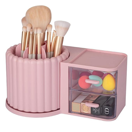 Anyoifax 360 Rotating Makeup Brush Holder 7 Slots Makeup Organizer with Drawer Removable Spinning Cosmetic Storage Pen Holder for Vanity, Dresser, Desk, Pink