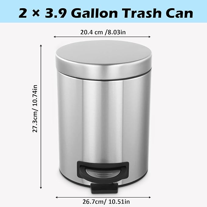 Kitchen Trash Can with Lid, 2 Pack 5 Liter/1.3 Gallon Stainless Steel Trash Can, Oval Step Garbage Can, Soft Close Trash Bin for Bathroom Home Office
