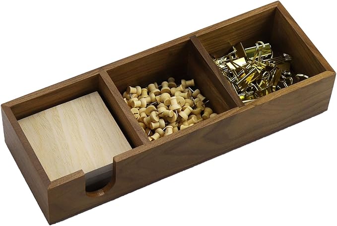 Buqoo 3 in1 Walnut Wooden Sticky Note Holder, 12" x 4.3" x 2.4" Self Stick Note Pads Holder Memo Pad Dispenser for School N Home Office Supplies