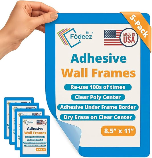 8.5 x 11 Adhesive Wall Frames - Peel & Stick Picture Frames, Wall Sign Holder, Paper Protector Sheets, Certificate Holders, Reusable Picture Frame, Dry Erase, Non Magnetic - Blue, Pack of 5